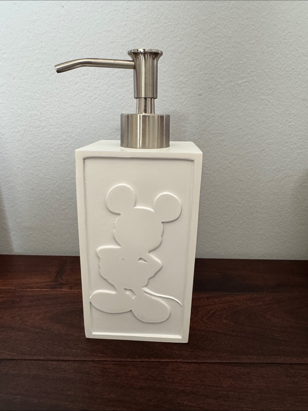 White  Mickey Silhouette Soap Dispenser with Brushed Silver Pump